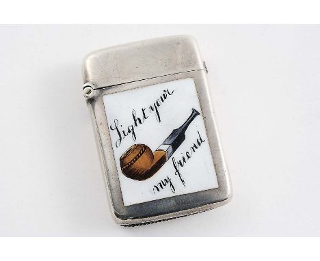 A LATE VICTORIAN SMALL SILVER VESTA CASE enamelled on the front "Light your (pipe) my friend", by D&L Spiers, Birmingham 1887