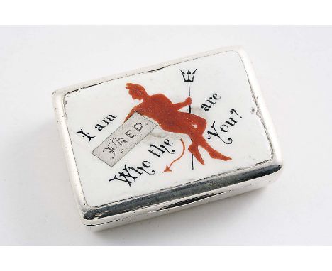 A LATE VICTORIAN SILVER VESTA CASE enamelled on the cover with "I am Fred, who the (devil) are you?", by Horton & Allday, Bir