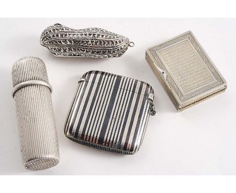 AN EARLY 20TH CENTURY SILVER & NIELLOWORK VESTA CASE with striped decoration, unmarked, a French silver engine-turned vesta c