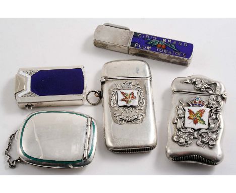 A MIXED LOT:- Two late 19th century North American silver & enamelled vesta cases (CANADA), a Continental silver & enamelled 