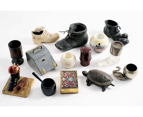 AN ASSORTMENT OF VESTA HOLDERS/STRIKERS in various mediums (porcelain, metals, enamel, glass, wood & one bakelite example);  