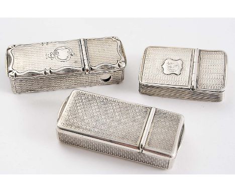 A 19TH CENTURY FRENCH SILVER DUAL COMPARTMENT TINDER BOX / VESTA CASE with engine turning, a scalloped cover and a cheroot cu