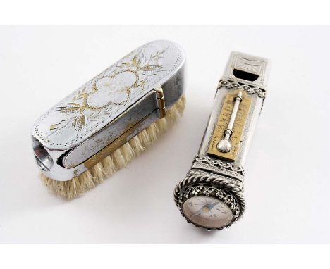 AN EARLY 20TH CENTURY CHROMIUM-PLATED VESTA CASE & CIGAR CUTTER COMBINED in the form of a brush and a late 19th century plate