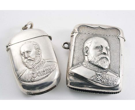 TWO EDWARDIAN SILVER EDWARD VIII COMMEMORATIVE VESTA CASES:- The smaller one, initialled on the reverse, by G. Nathan & R. Ha