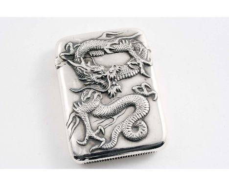 A LATE 19TH / EARLY 20TH CENTURY CHINESE SILVER VESTA CASE stamped in relief on the front with a dragon, with character maker