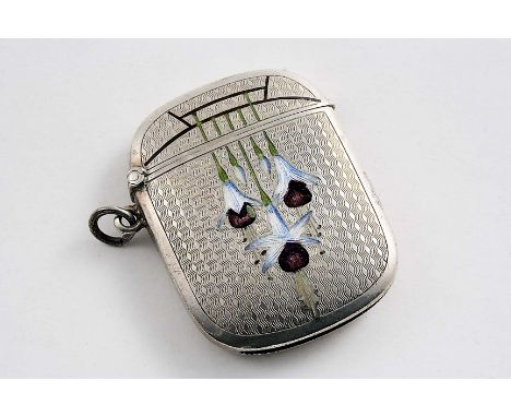 A LATE 19TH / EARLY 20TH CENTURY GERMAN SILVER VESTA CASE with engine-turning and enamelled fuchsia flowers on the front, gil