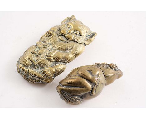 A LATE 19TH / EARLY 20TH CENTURY JAPANESE BRASS VESTA CASE in the form of a fierce cat with a rat and another brass vesta cas