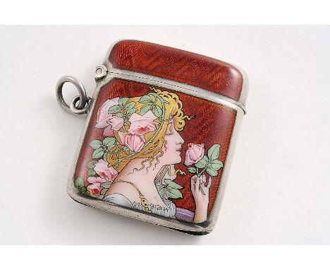 A CONTINENTAL SILVER & ENAMEL ART NOUVEAU VESTA CASE with the portrait of a young girl sniffing a rose on the front, with Eng