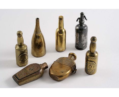 CONTINENTAL BRASS AND BASE METAL ADVERTISING VESTA CASES in the form of bottles including:- "Bass & Co Pale Ale", "Allsops' I