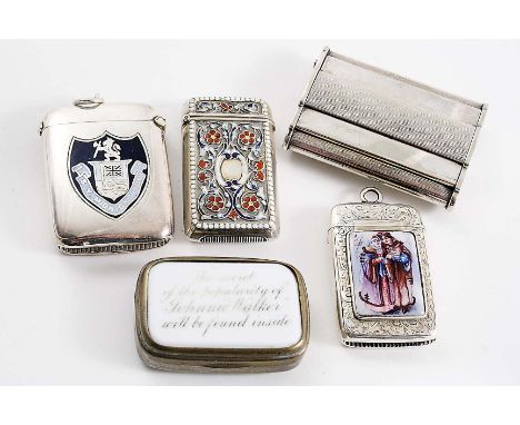 A CONTINENTAL PLATED VESTA CASE with a concealed opening (a button at one end), a plated & enamel vesta case "SY MIDNIGHT SUN