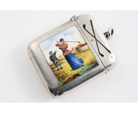A LATE VICTORIAN SILVER VESTA CASE enamelled on the front with a lady golfer, her caddy and crossed clubs with a ball, the re