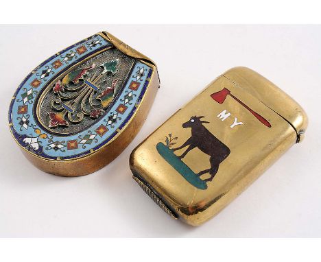 A LATE 19TH CENTURY BRASS & ENAMELLED VESTA CASE in the form of a horseshoe and another brass example with an enamelled symbo