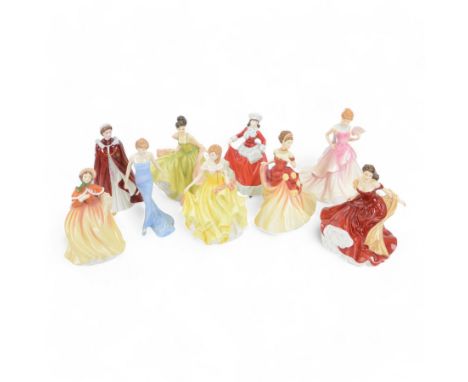 Eight Royal Doulton figures, including Princess Dianna, Autumn Ball, Spring Ball etc, together with Royal Worcester figures o