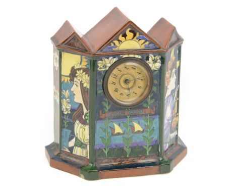 Frederick Rhead for Foley, Intarsio earthenware clock surround, decorated with figures, the central panel with sailing boats 