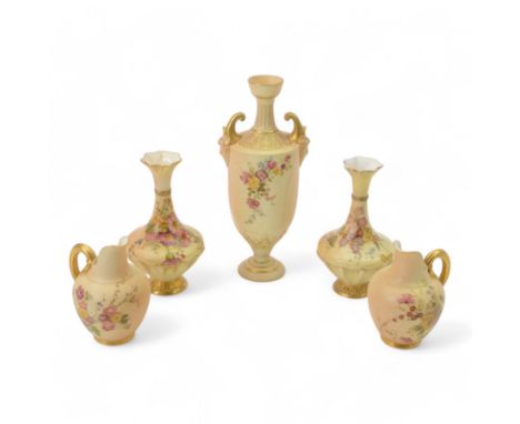 Royal Worcester Blush Ivory, comprising twin handled vase, painted with flowers, marked 1759 to base, pair of vases of balust