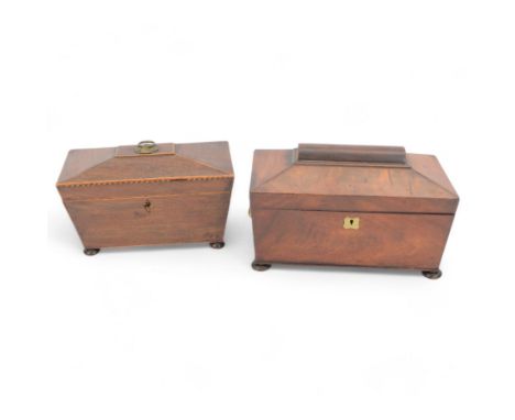 19th century tea caddy, of sarcophagus shape enclosing a mixing bowl flanked by two lidded caddies, on bun feet, together wit