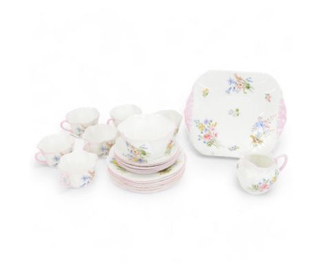 Shelley Wild Flowers pattern tea service for six, comprising cups and saucers, dessert plates, cake plate, open sucrier and m