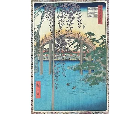 Utagawa Hiroshige in the Kameido shrine compound Japanese Print iin colors  Measures 21.75 X 14.75