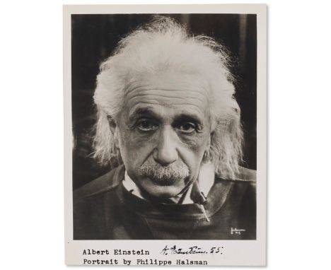 EINSTEIN, Albert (1879-1955).  Photograph Signed in the Plate, Philippe Halsman's portrait of Einstein.   Measures 8.0 X 10.0