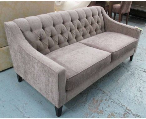 SOFA, two seater, buttoned fabric on square ebonised supports, 169cm L.