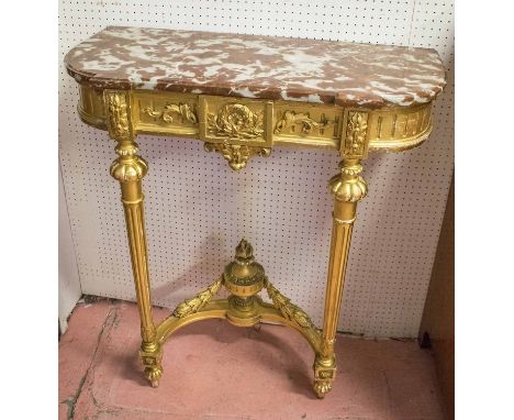 CONSOLE TABLE, Napoleon III giltwood, with rouge marble top on fluted legs, joined by a flambeau stretcher, 92cm H x 83cm W x