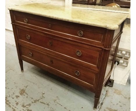 COMMODE, Directoire style mahogany with three long drawers and marble top, 85cm H x 113cm x 44cm.