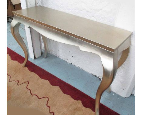 CONSOLE TABLE, in gold leaf finish, with swept supports, 121cm x 40cm x 80cm H. 