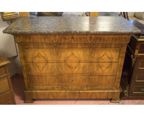 COMMODE, Louis Philippe walnut with grey marble top above four drawers, 95cm H x 128cm x 59cm. (with faults)