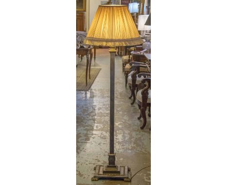 STANDING LAMP, early 20th century brass with square stem and pleated cream shade, 147cm H.