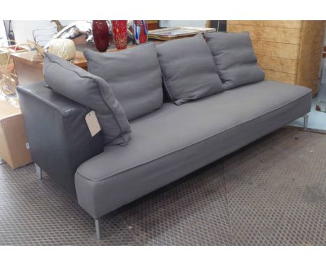 LIGNE ROSET SOFA, black leather and grey felt, 85cm D x 70cm H x 220cm L. (with faults)