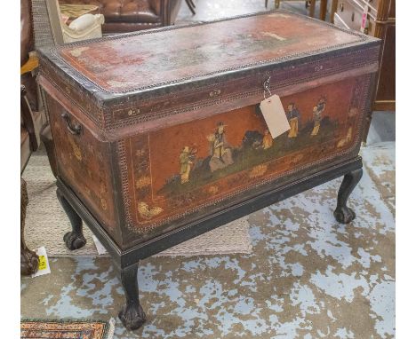 CHINESE EXPORT TRUNK, 19th century camphorwood leather brass studded and scarlet painted with figures trees and blossom with 