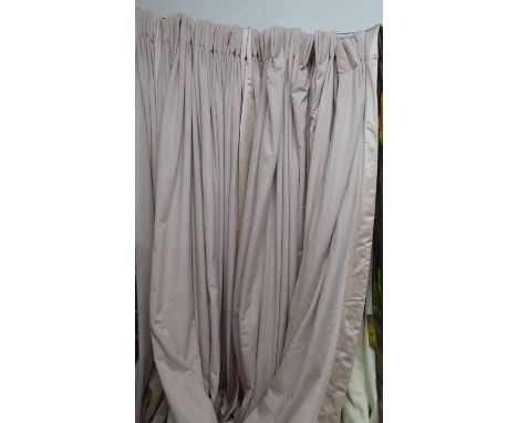 CURTAINS, three pairs, by Stephen Ryan Designs, pink with matching satin border, lined and interlined, one pair each curtain 