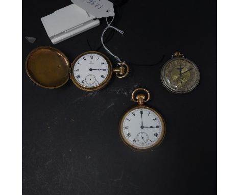 Three pocket watches, to include a gold plated full hunter pocket watch, the white enamel Roman dial signed Omega (missing mi