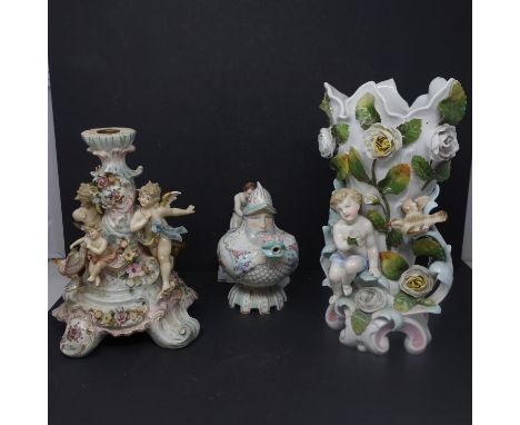 Three Meissen style porcelain pieces, to include a figural candlestick with cherubs and encrusted flowers, H.24cm; a vase wit