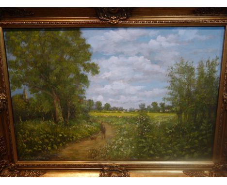 R. Shuttleworth, Woman walking her dog on a country path, oil on canvas, signed and dated '14 to lower left, 50 x 75cm 