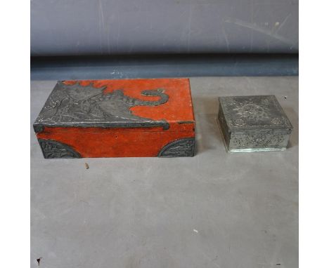 Two boxes: a red painted and metal work tea caddy W.39 D.23cm and another metalwork box 