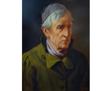 Portrait of an elderly man wearing green coat, pink scarf and grey cap with tassel, oil on panel, signed 'G Leinez - Ivien' t