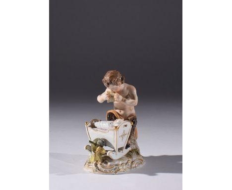 of a young satyr playing the Pan flute daldling a sleeping child, 19th century, crossed swords mark in blue, numerals D52, 91
