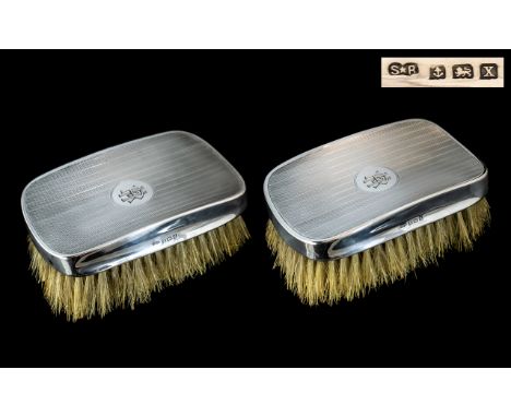 Fine Pair of Gentleman's Sterling Silver Backed Hair Brushes, Large Size. Hallmark Birmingham 1922, Makers S.B. Both Brushes 