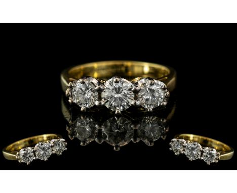 18ct Yellow Gold - Attractive 3 Stone Diamond Set Ring. Consisting of 3 Round Brilliant Cut Diamonds - All Stones, Claw and G