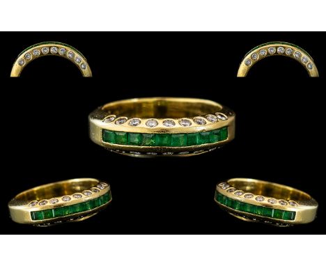 18ct Gold - Attractive Contemporary Designed Emerald and Diamond Set Band Ring. Marked 750 - 18ct to Interior of Shank. The E