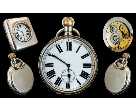 Late Victorian Period 1837 - 1901 Huge Silver Plated Keyless Desk  Clock with Sterling Silver Display Stand with Leather Back