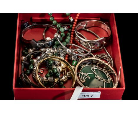 Collection of Quality Costume Jewellery, some silver, comprising two silver bangles, a gold tone engraved bangle, a silver to