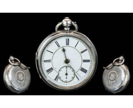 Victorian Period Large Sterling Silver English Lever Key-wind Open Faced Pocket Watch, with Subsidiary Dial, Black Roman Nume