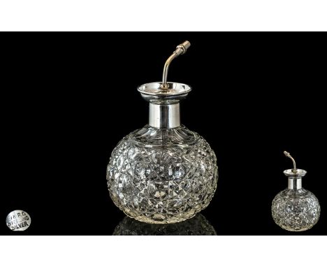 Edwardian Period 1902 - 1910 Ladies Silver Topped Cut Glass Atomizer. Marked Sterling Silver to Neck Area. Makers Mark J &amp