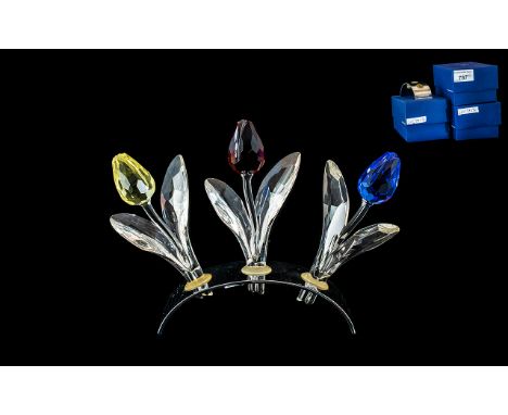 Swarovski Crystal Set Of Three Coloured Flowers With Stand, With Boxes