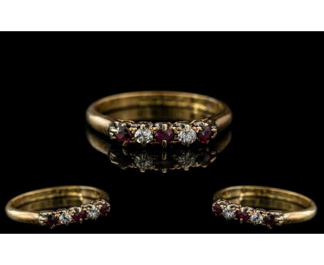 Ladies 18ct Gold - Attractive 5 Stone Ruby and Diamond Set Dress Ring. Full Hallmark for 18ct - 750 to Interior of Shank. Dat