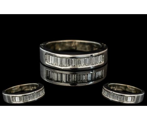 14ct White Gold Nice Quality Baguette Cut Diamond Set Ring, Heavy Shank, Modern Design. Marked 14ct to Interior of Shank. The