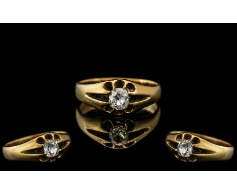 18ct Gold - Attractive Single Stone Diamond Set Ring, Gallery Setting. Marked 18ct to Interior of Shank. The Semi-Cushion Cut