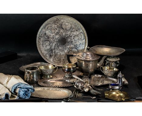 A Collection of Assorted Silver Plated Items comprising tea pot, table ware, salt and pepper, cake stand, various spoons, tro